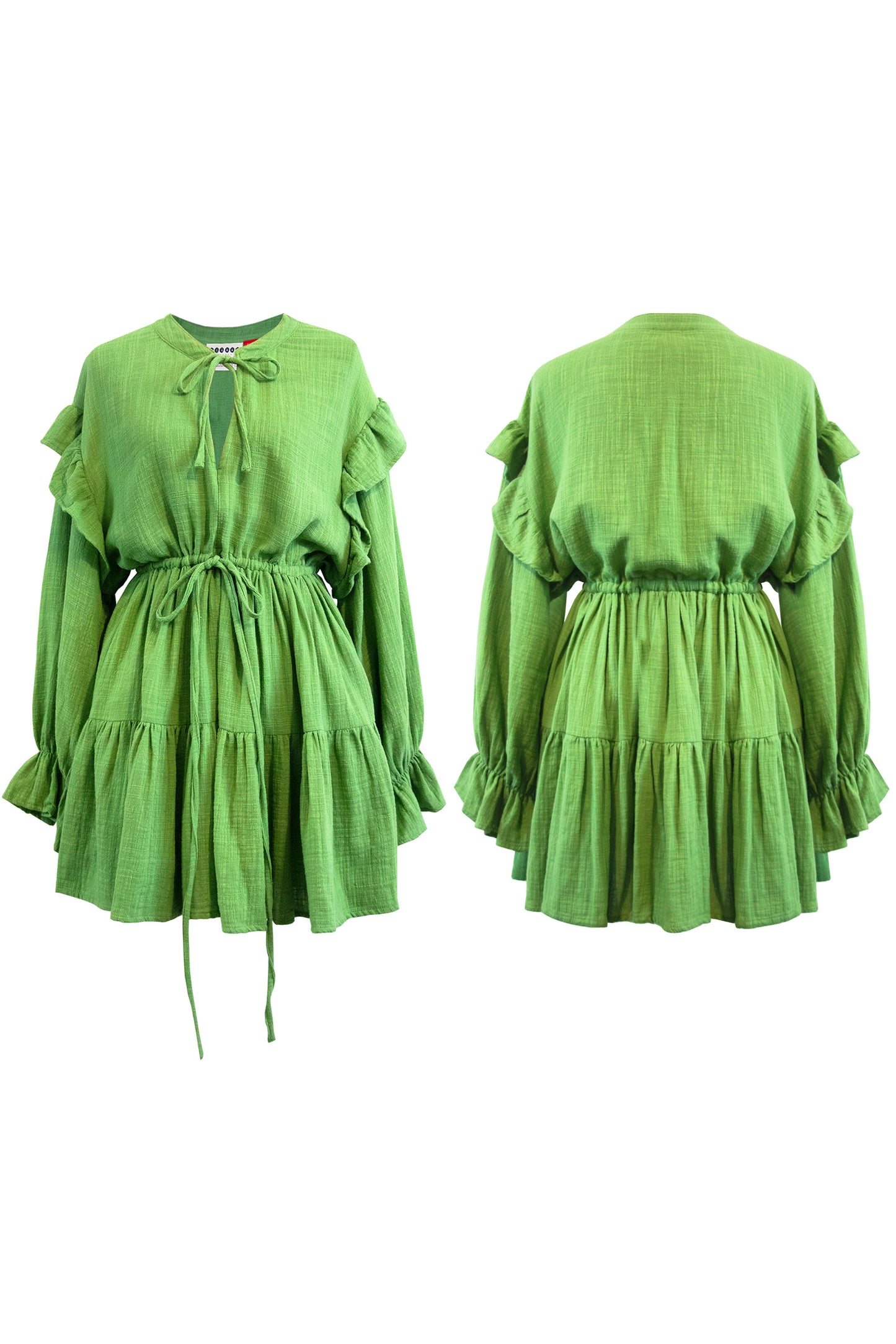 A green cotton Fiamma Studio dress, with long puff sleeves, wrist frills cuffs, wide tiered skirt.