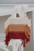 Crochet bag, made with recycled cotton yarn with stripes white, tan and burgundy.