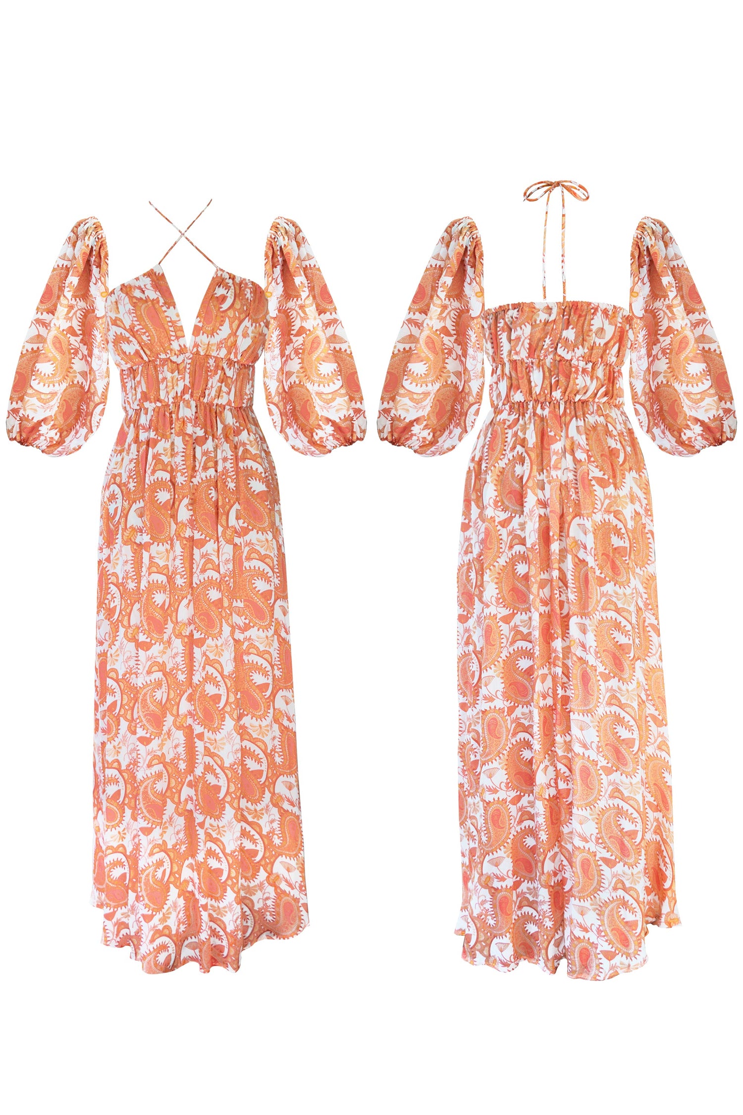 Floral orange maxi dress with puff sleeves, shirred bodice and maxi skirt.