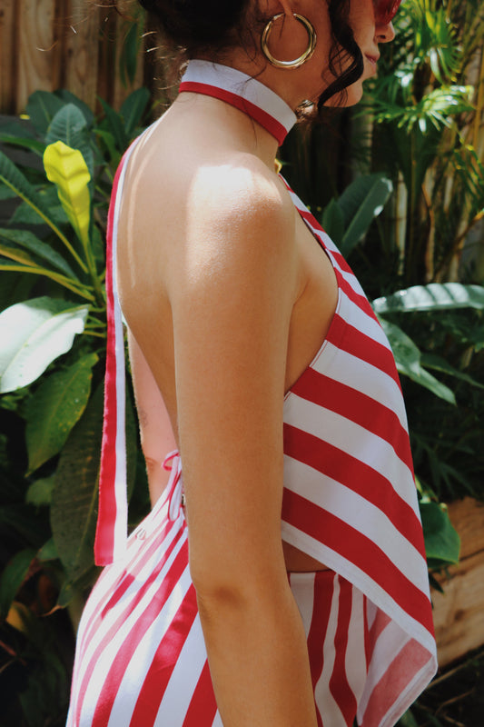 Stripes red and white summer top with gold detail and open back.