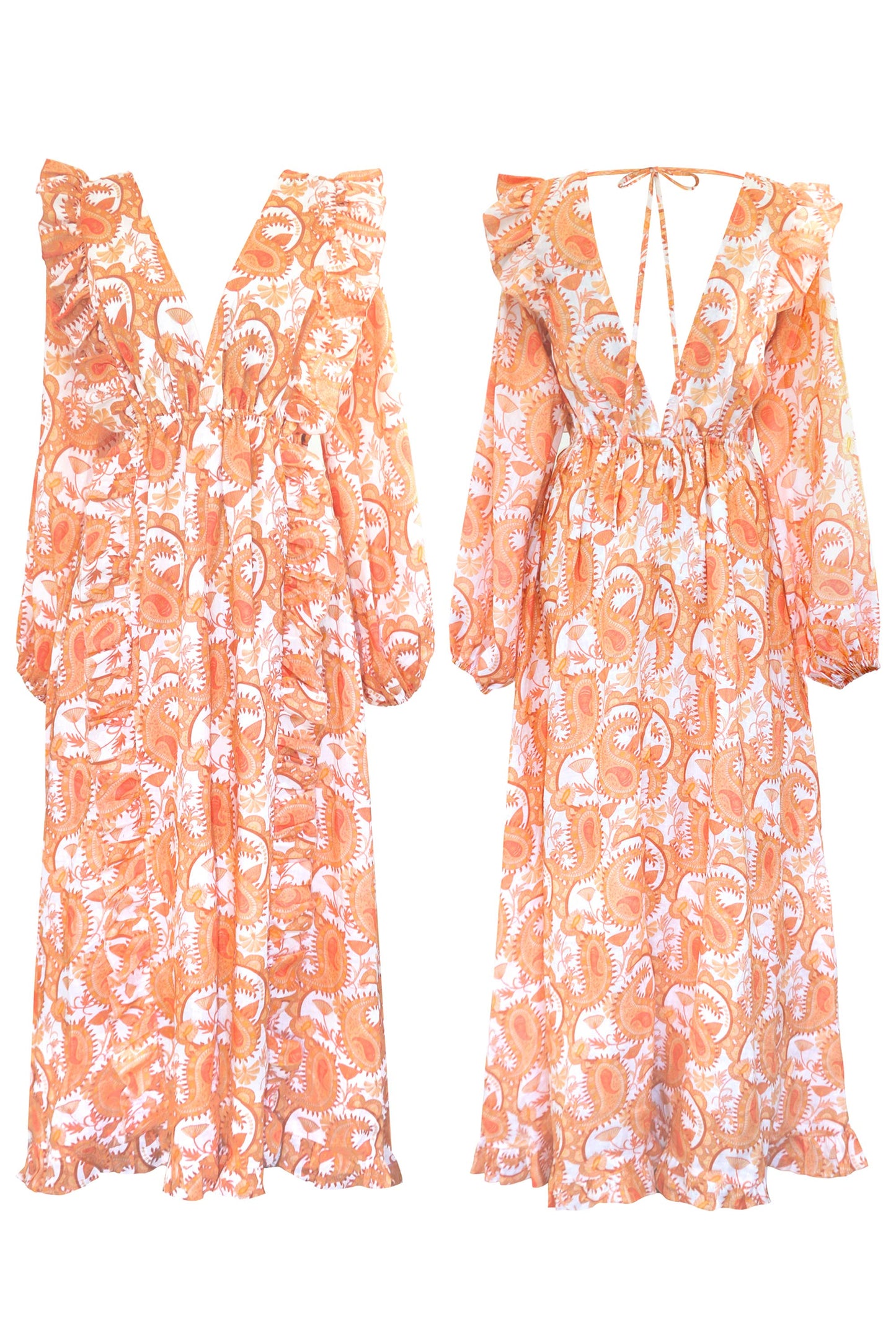 Floral paisley printed orange linen maxi dress, with long puff sleeves, a-line skirt, ruffles, skirt slit and open back with ties.