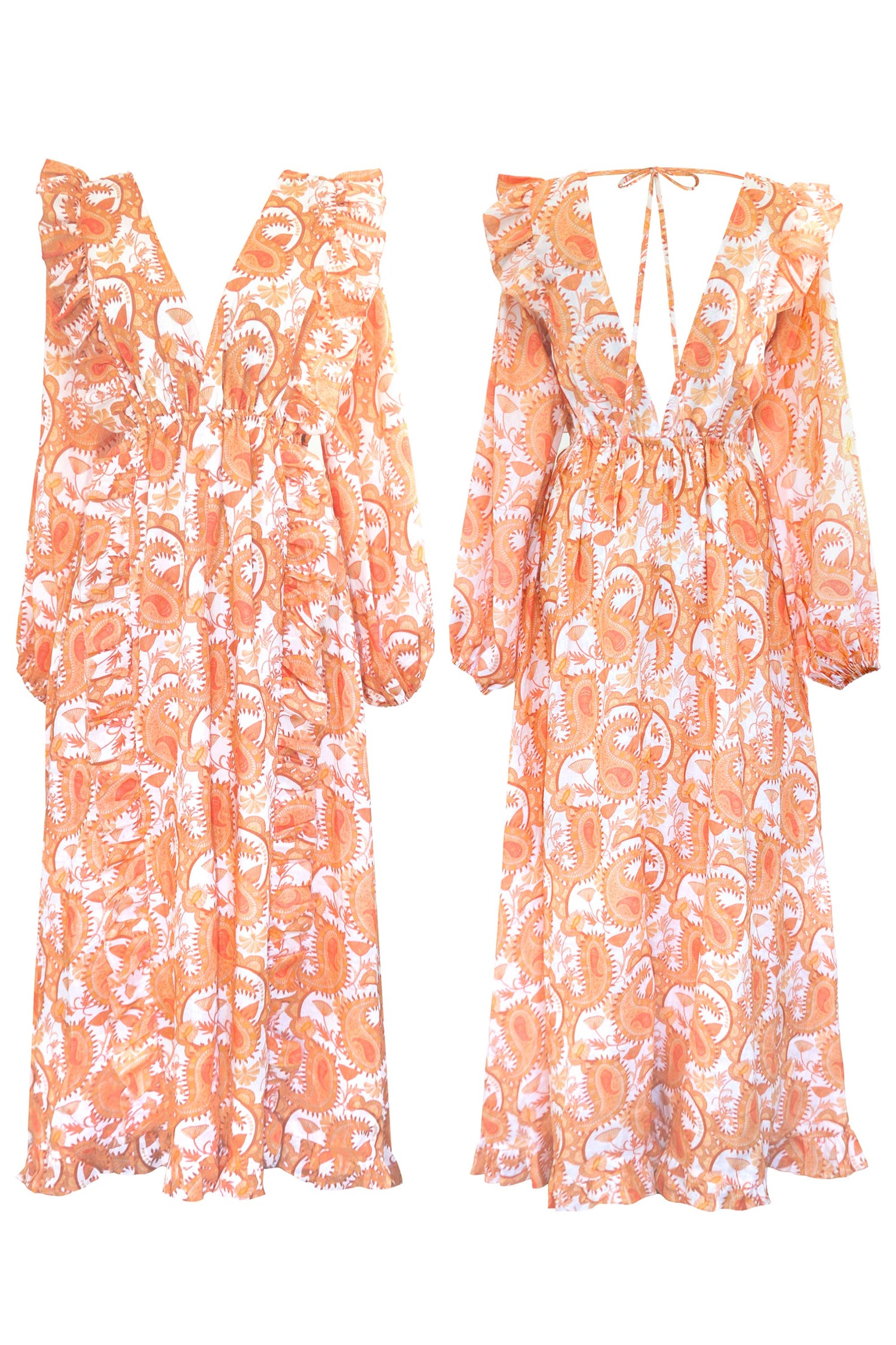 Floral paisley printed orange linen maxi dress, with long puff sleeves, a-line skirt, ruffles, skirt slit and open back with ties.