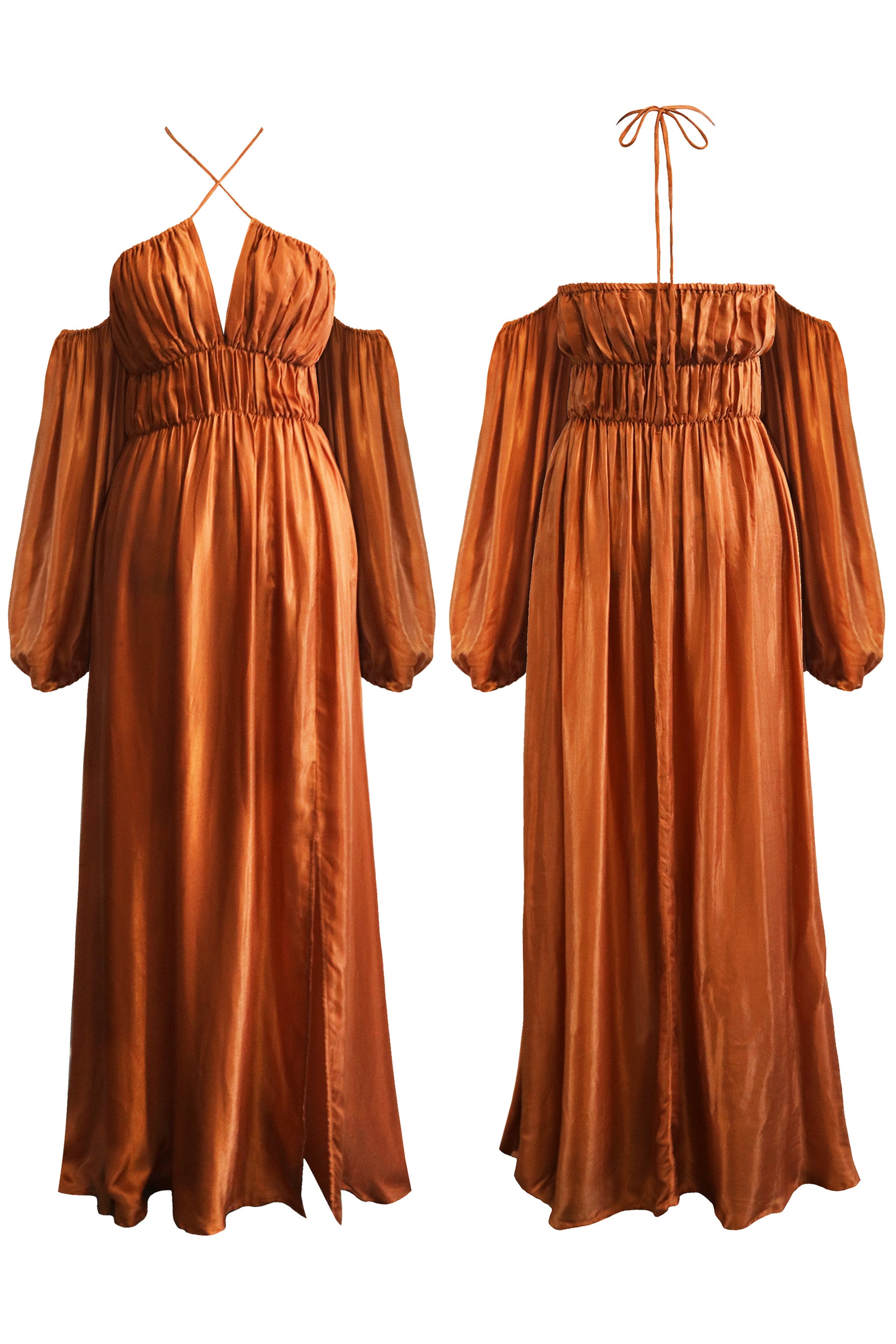 Terracotta satin dress, off shoulders long puff sleeves, maxi flowy skirt, shirred bust and thin straps.