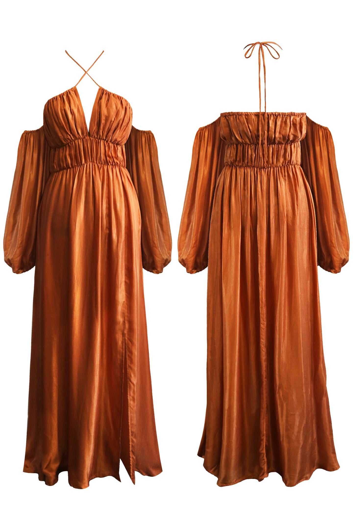 Terracotta satin dress, off shoulders long puff sleeves, maxi flowy skirt, shirred bust and thin straps.