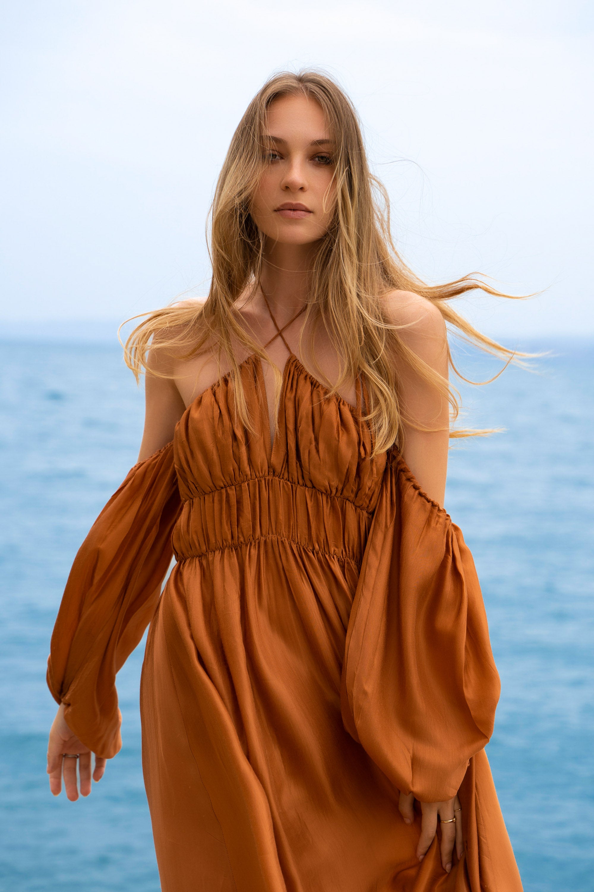 A terracotta maxi dress, with puff sleeves and shirred bust.