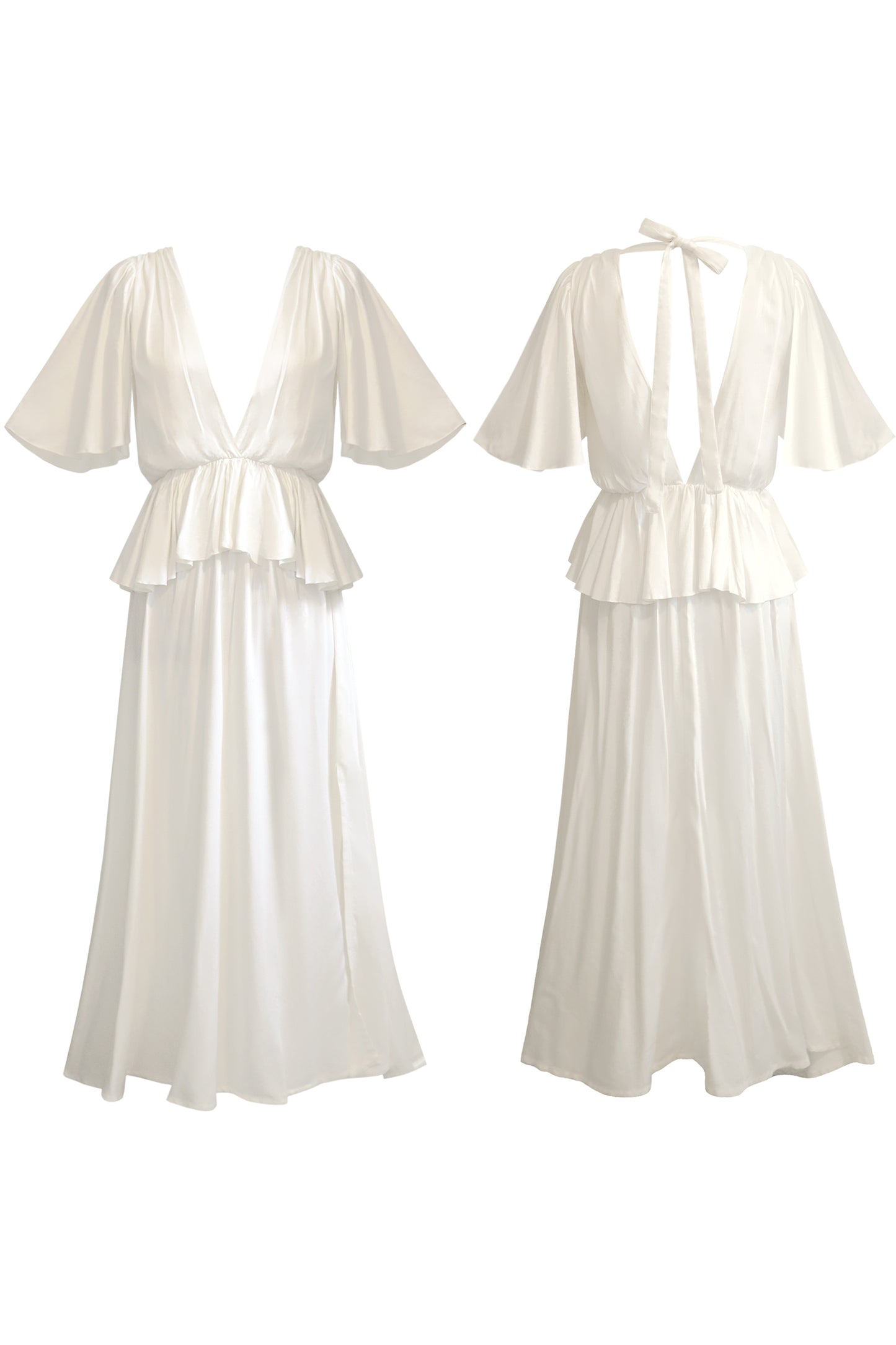 A white bamboo Fiamma Studio midi dress, with a-line skirt, short sleeves, v-neckline, waist frill and open back.