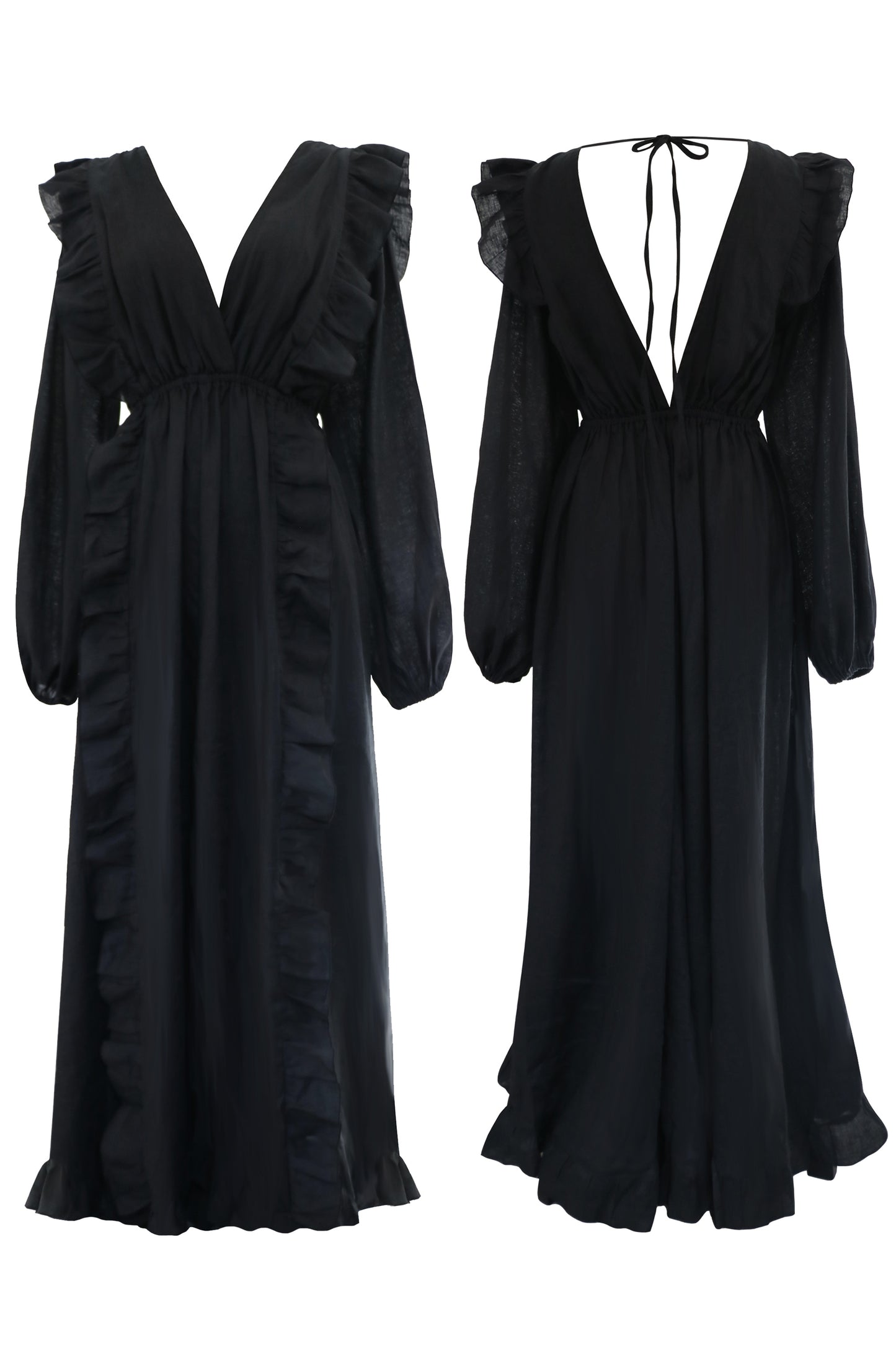 A black linen Fiamma Studio maxi dress, with long puff sleeves, v neckline and skirt with slit.