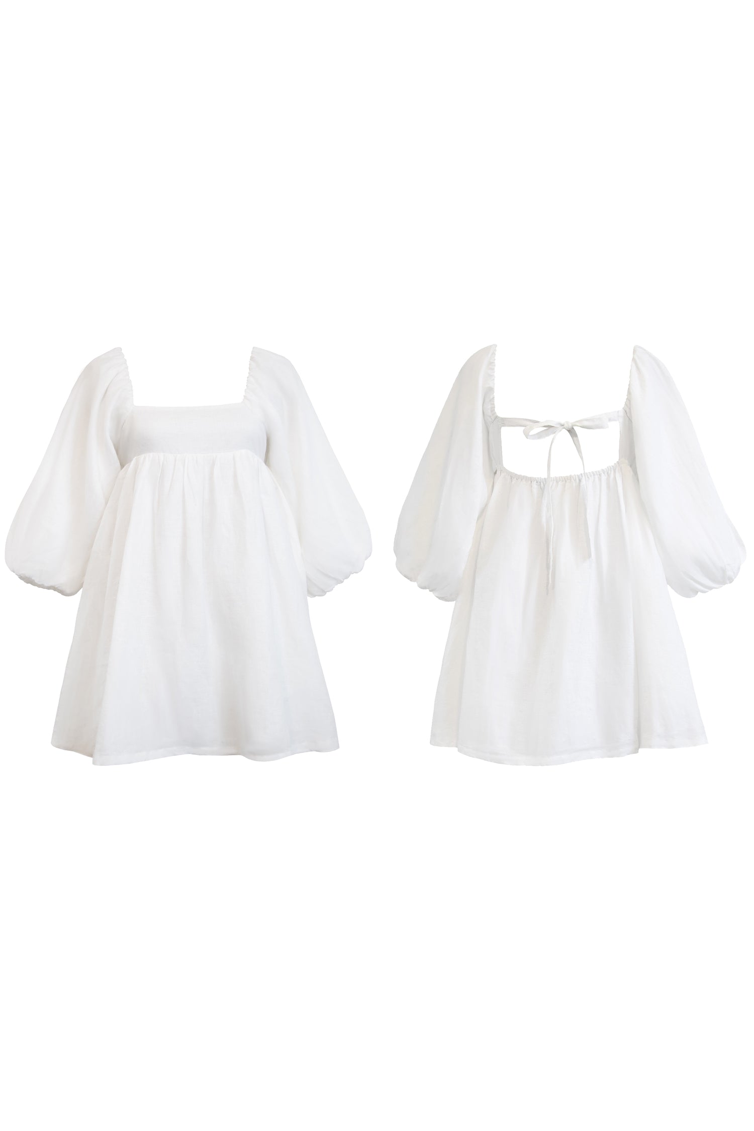 Ghost mannequin of white sustainable linen mini dress, with puff sleeves, doll skirt and open back with ties.